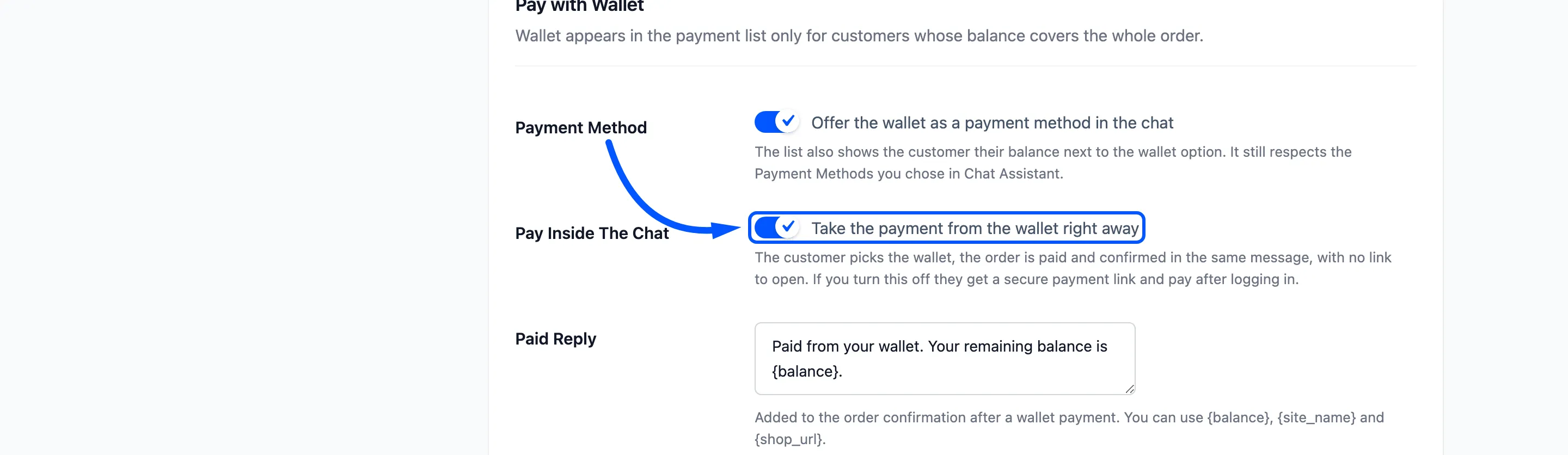 The Pay Inside The Chat checkbox boxed on the Wallet tab