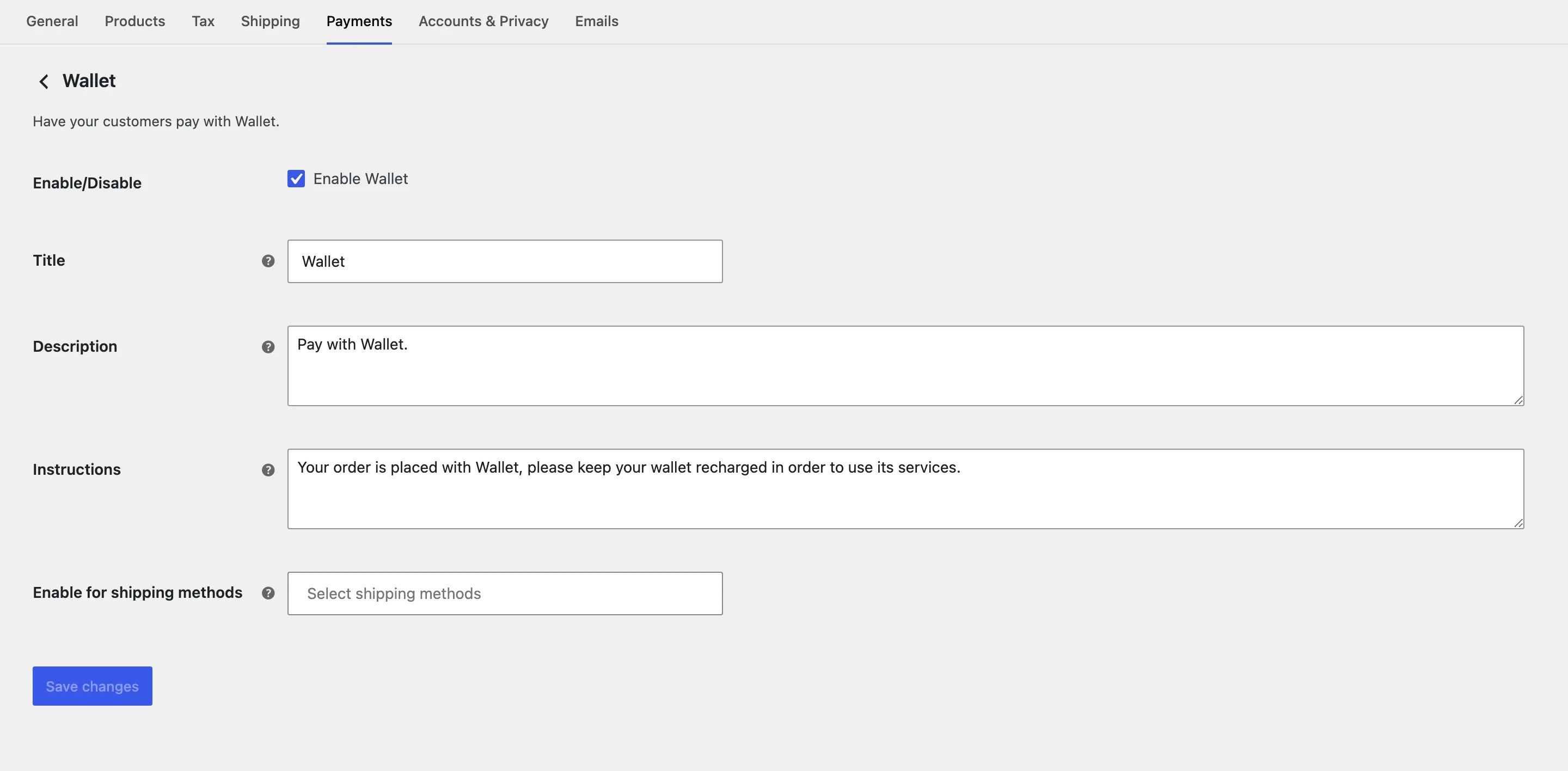 The Wallet payment method settings in WooCommerce