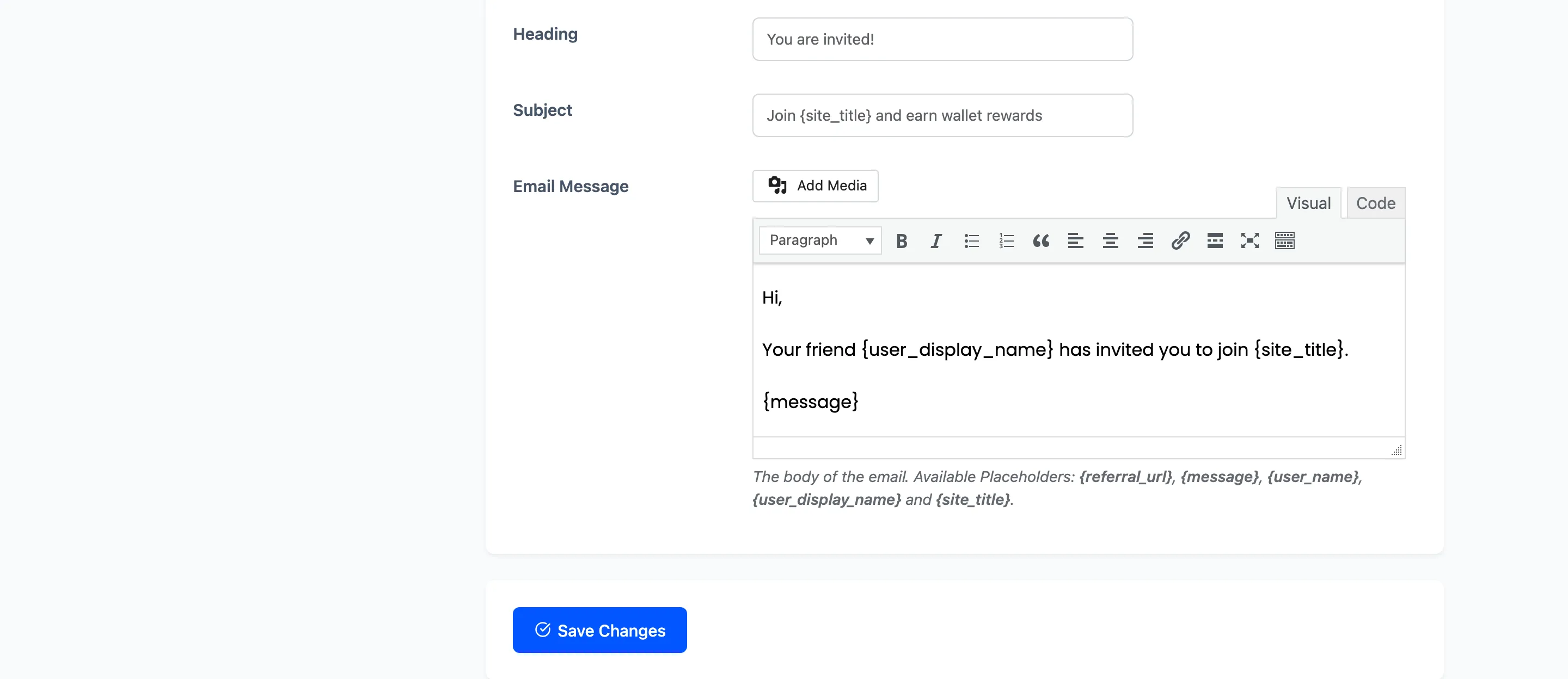 The Referral Invitation notification fields