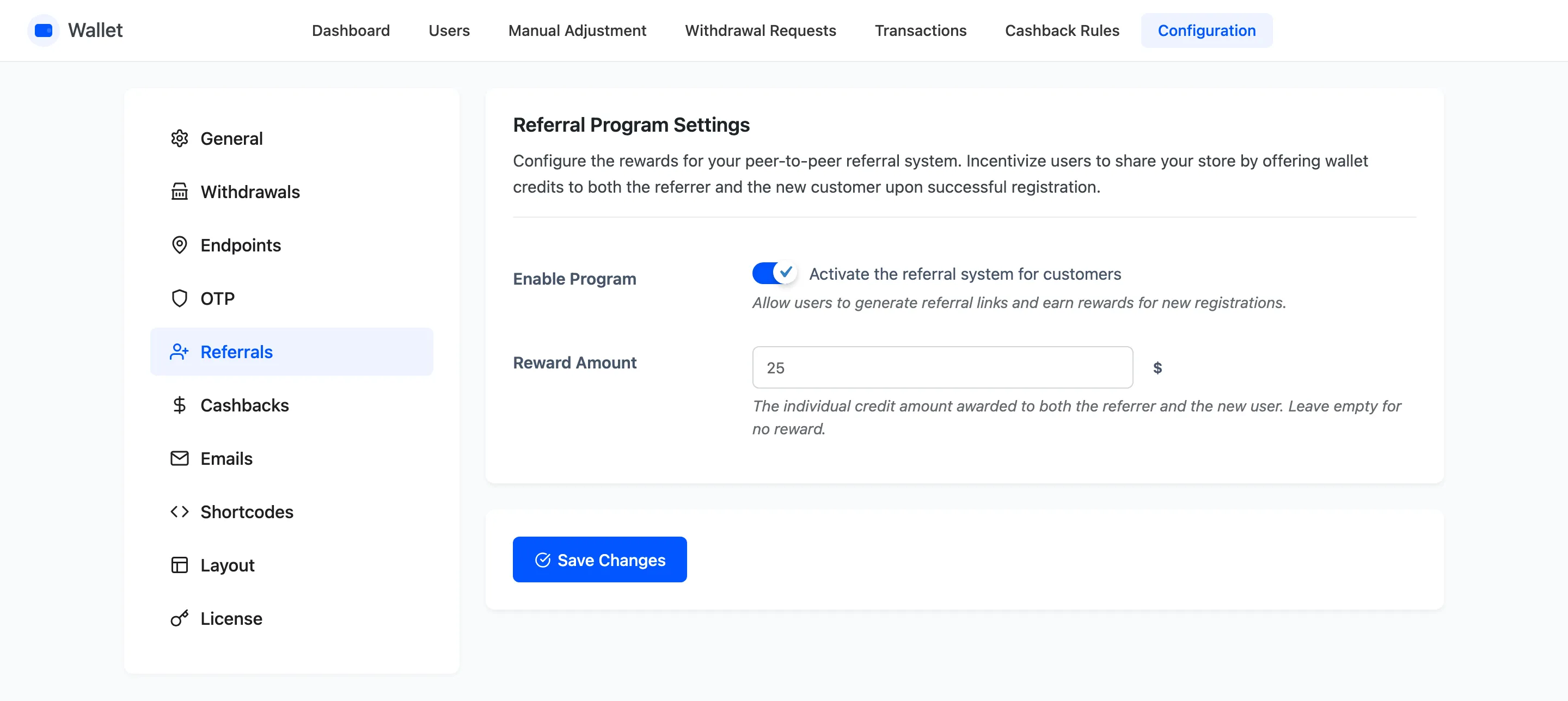 The Referrals tab with the enable switch and reward amount