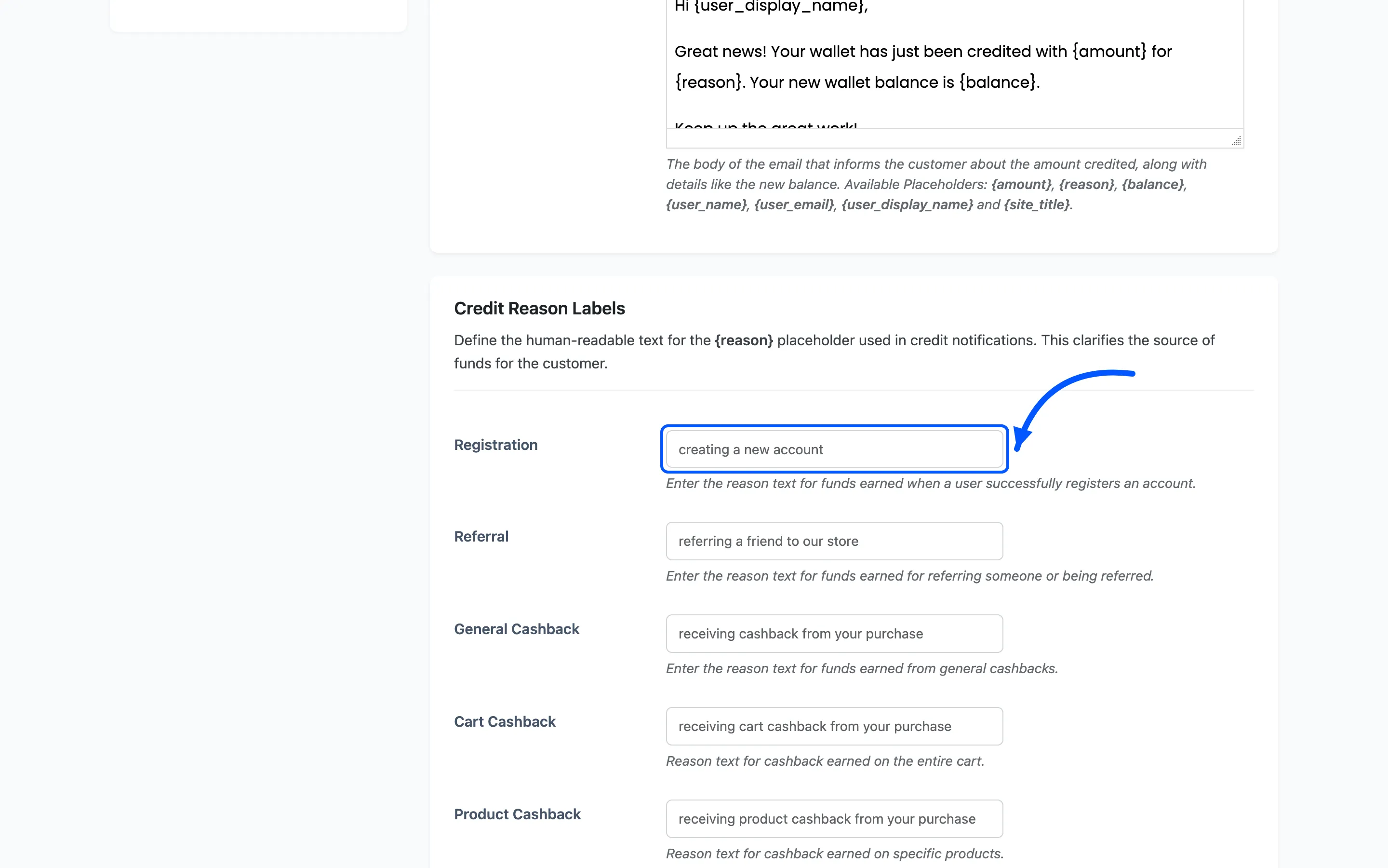 The Registration credit reason field