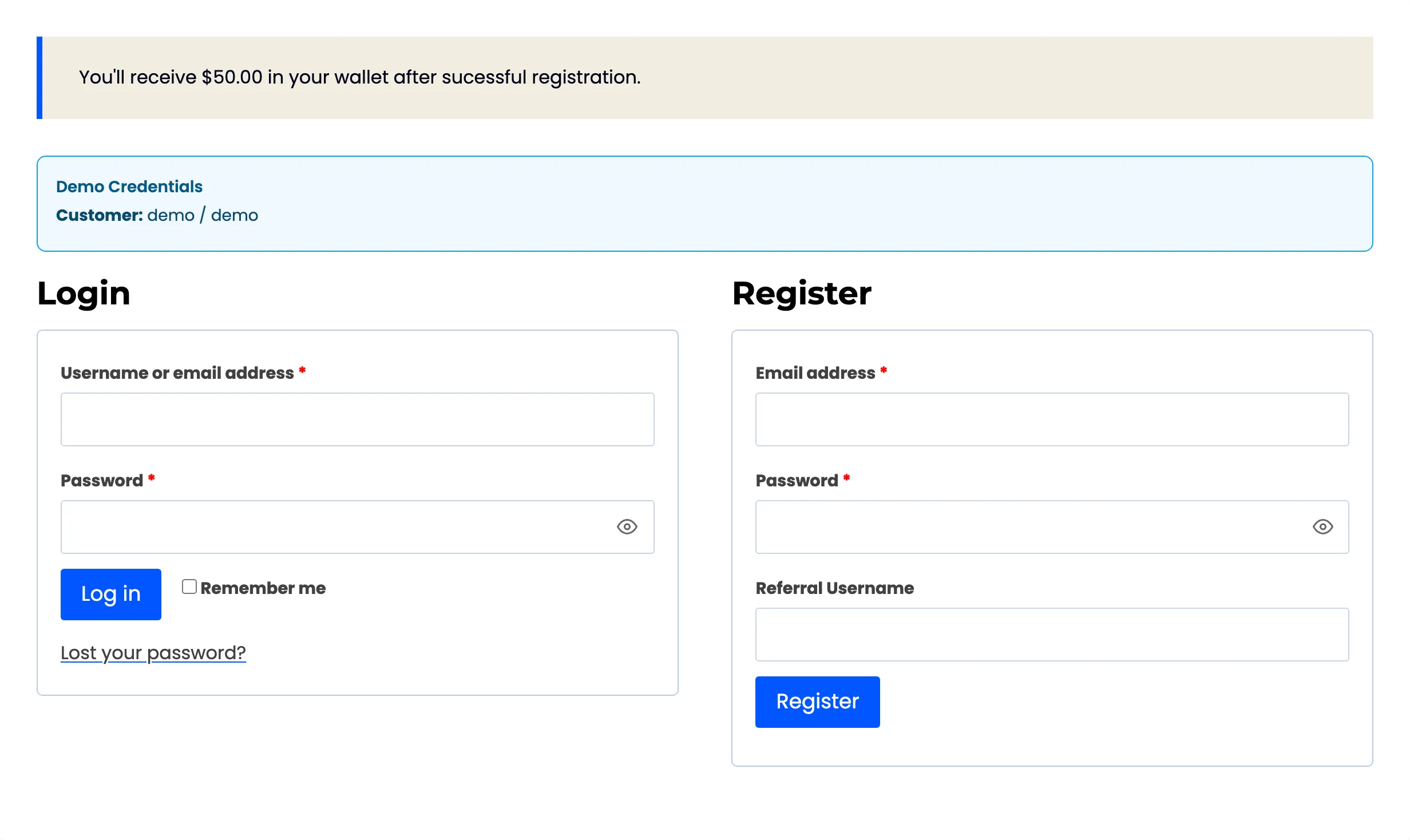The logged-out account page with the login and registration forms