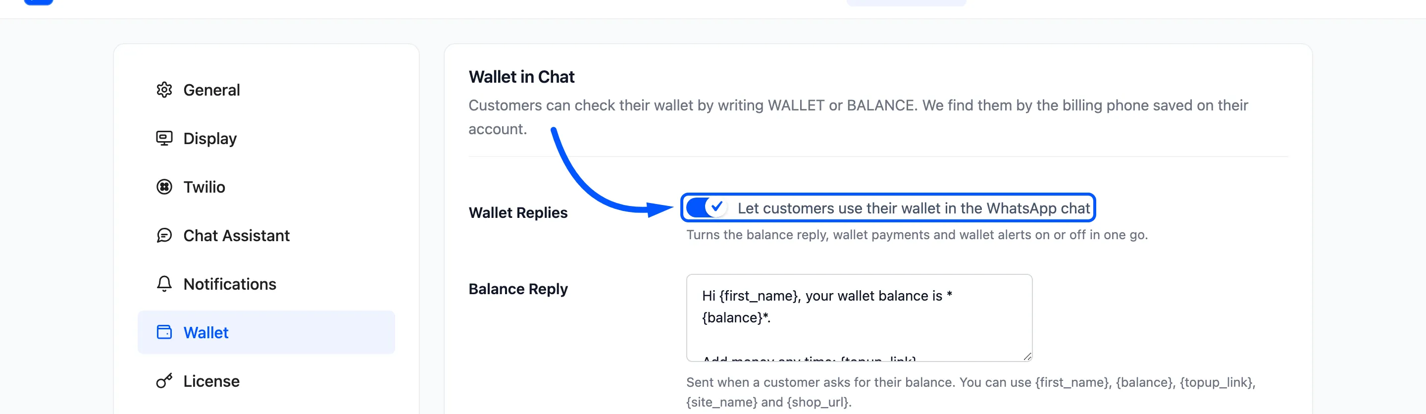 The Wallet Replies checkbox boxed on the Wallet tab