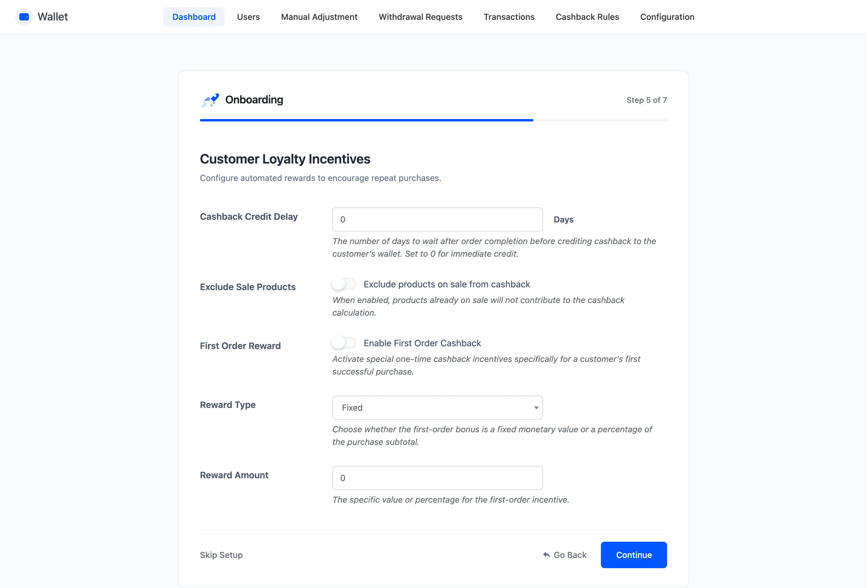 The Wallet setup wizard cashback step