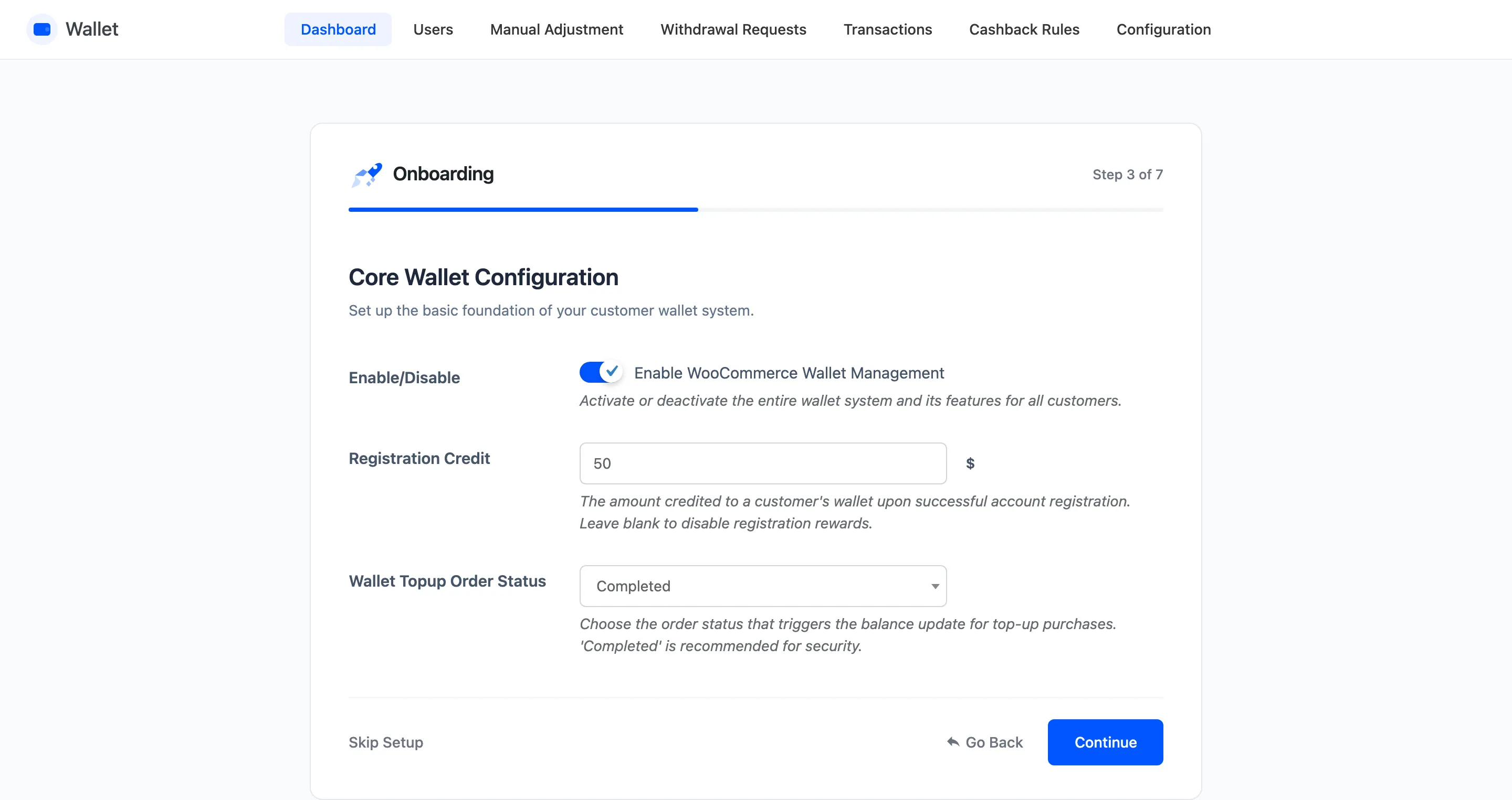 The Wallet setup wizard general settings step