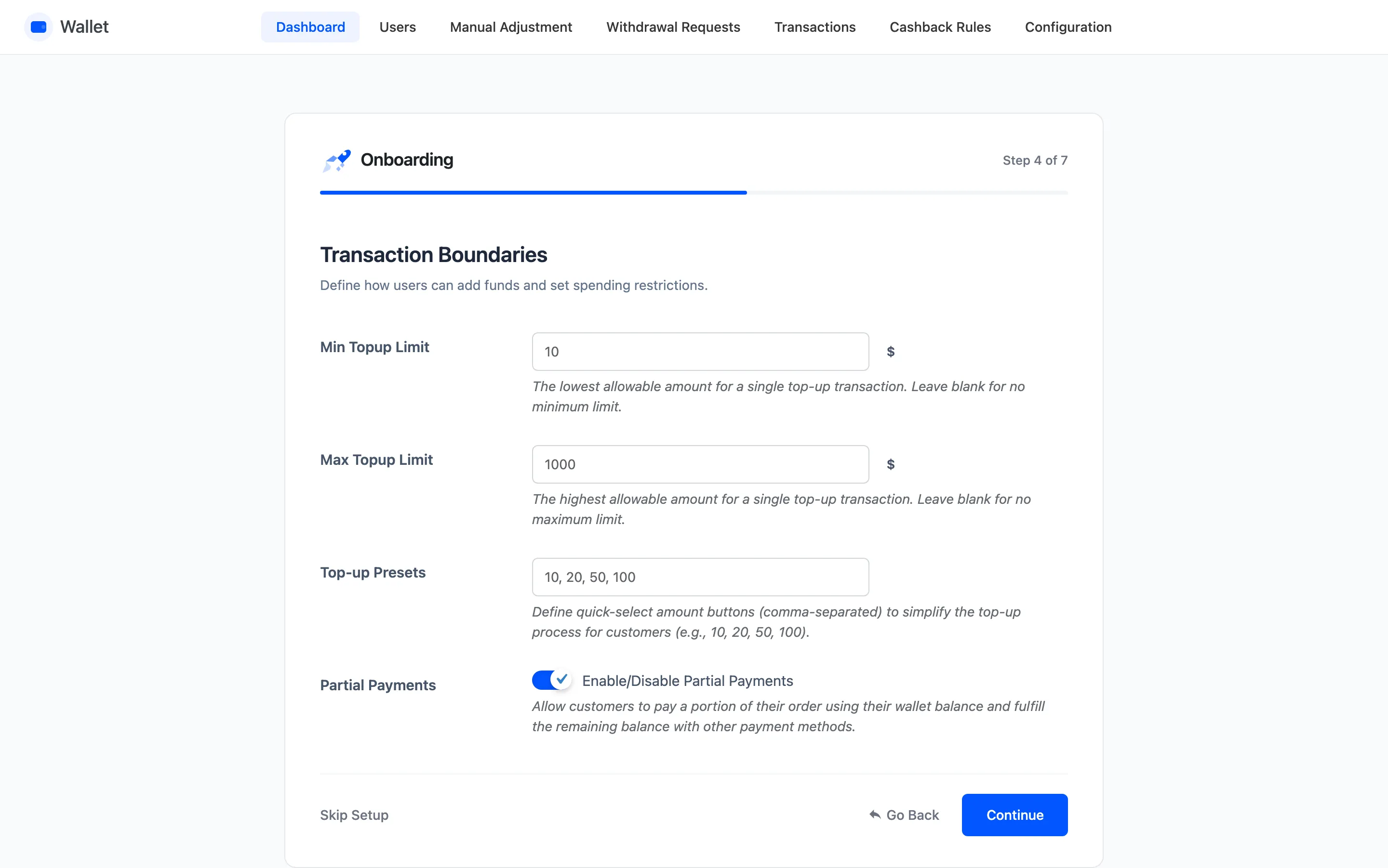 The Wallet setup wizard limits and top-ups step