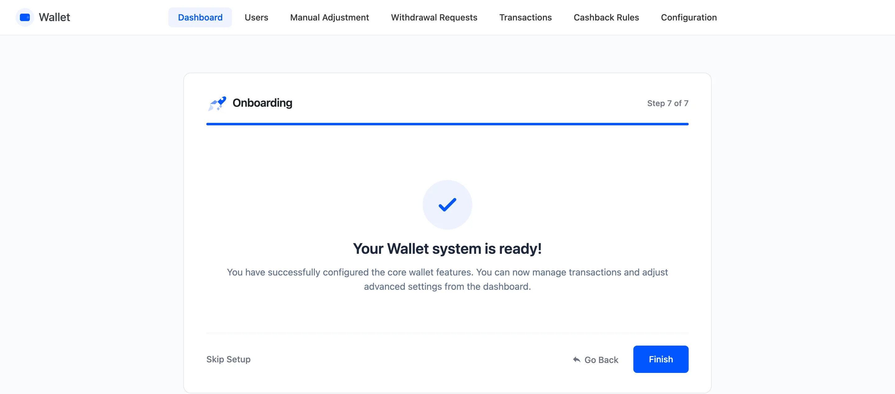 The Wallet setup wizard final step