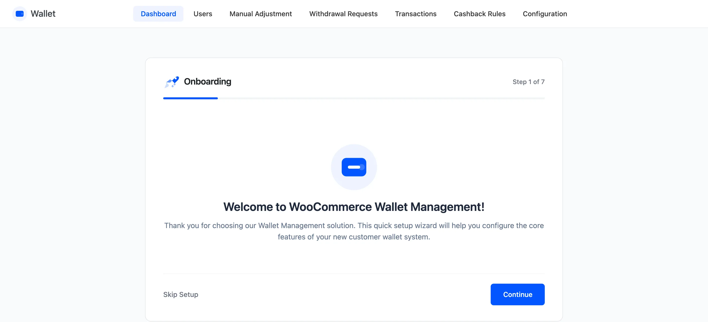 The Wallet setup wizard welcome step