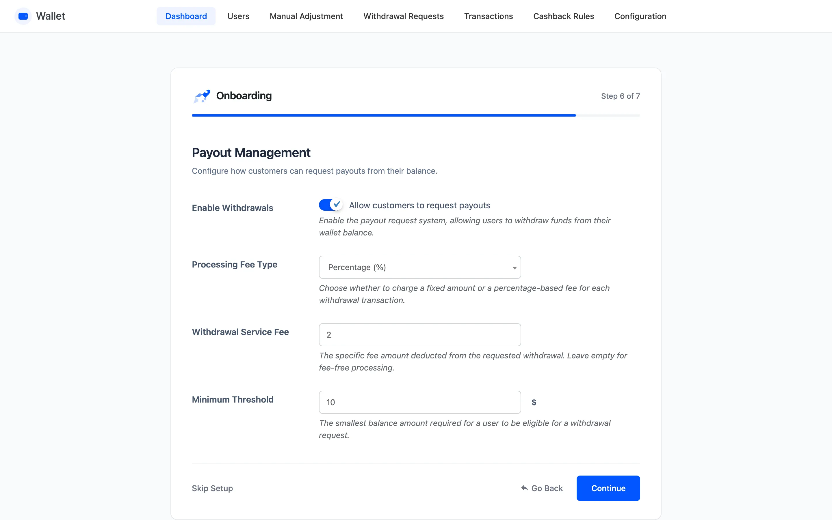 The Wallet setup wizard withdrawals step