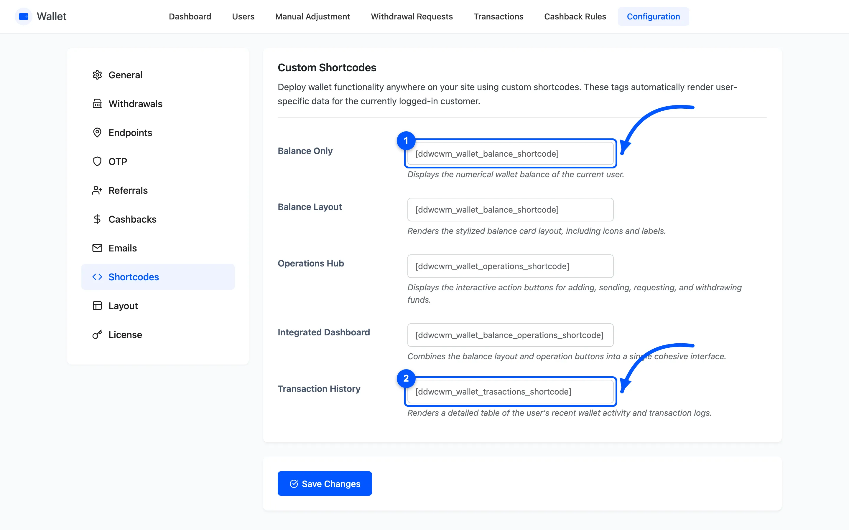The Balance Only and Transaction History shortcode fields