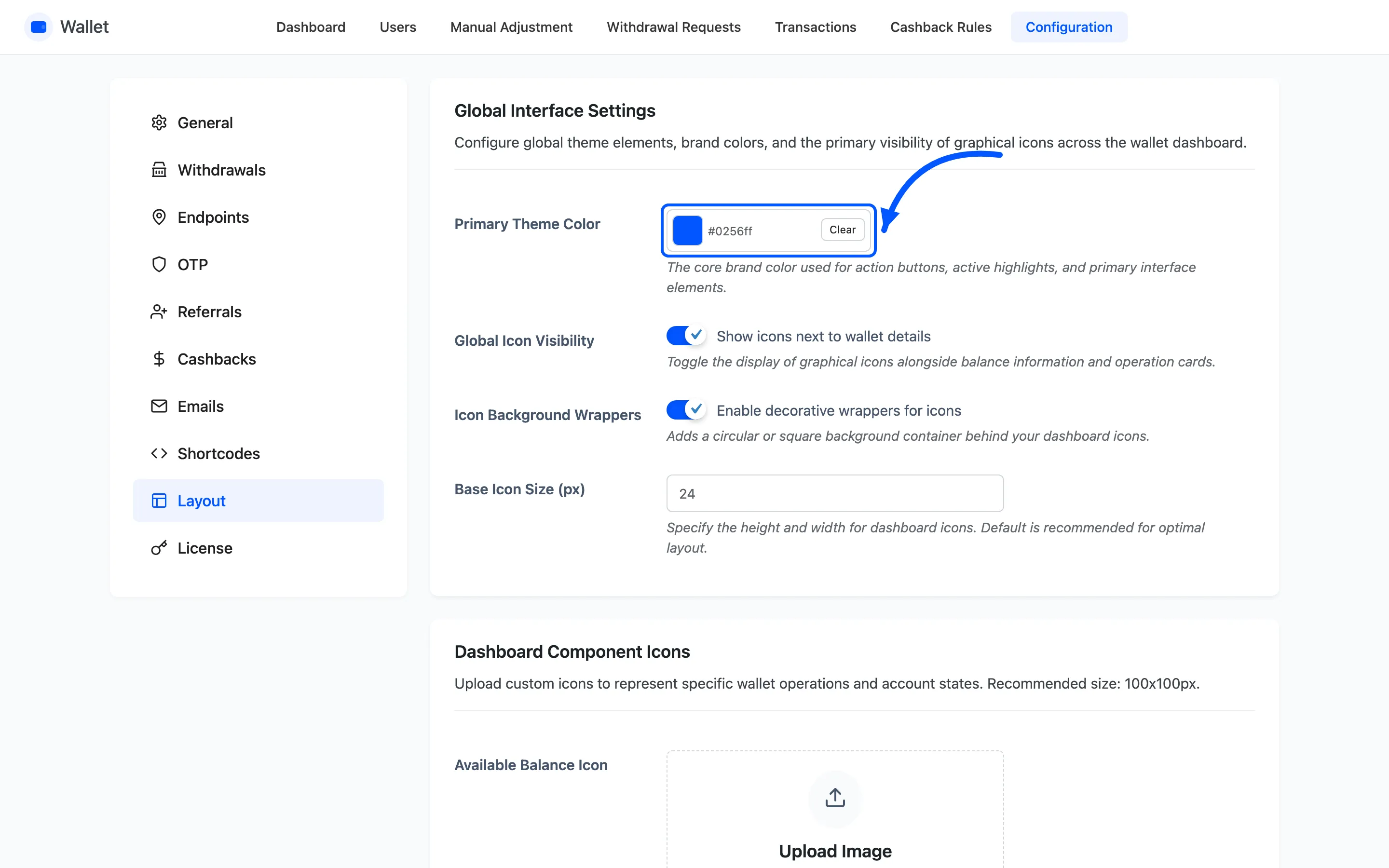 The icon visibility and size fields