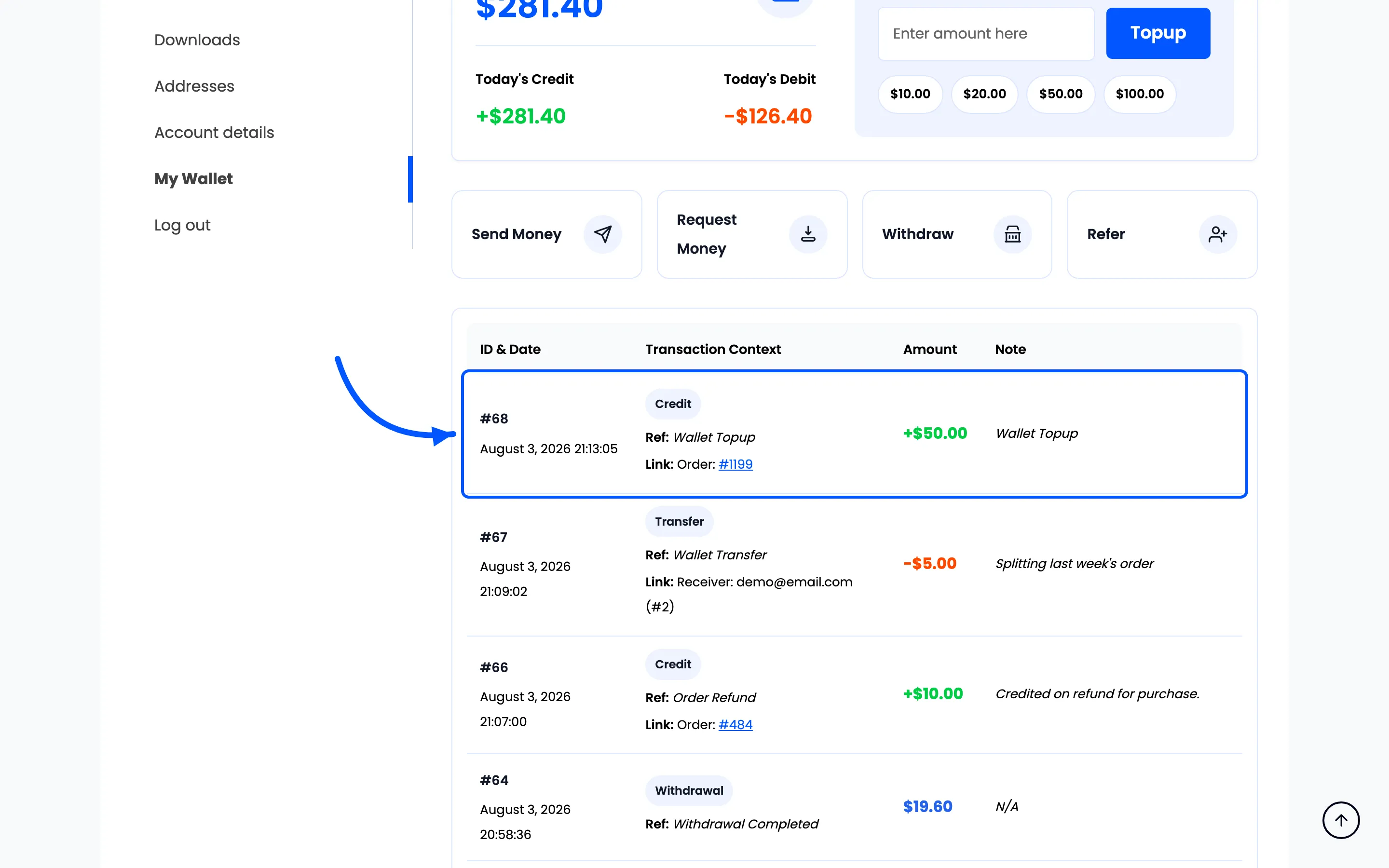 The Wallet Topup credit at the top of the customer’s history