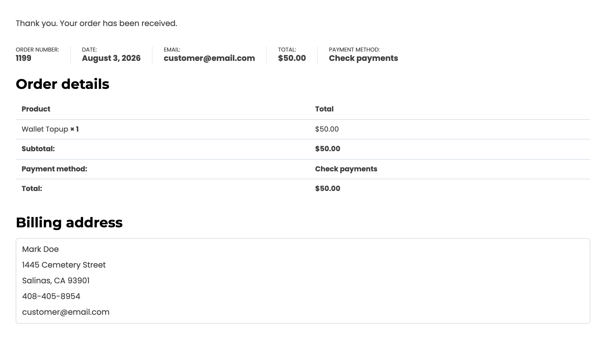 The order received page for a completed top-up