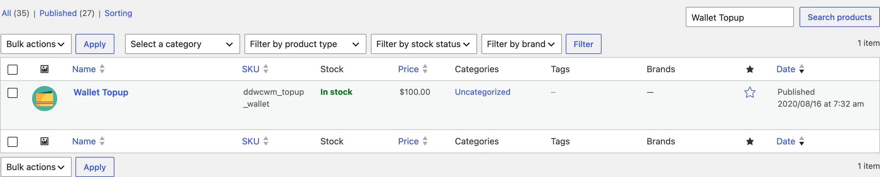 The Wallet Topup product in the WooCommerce products list