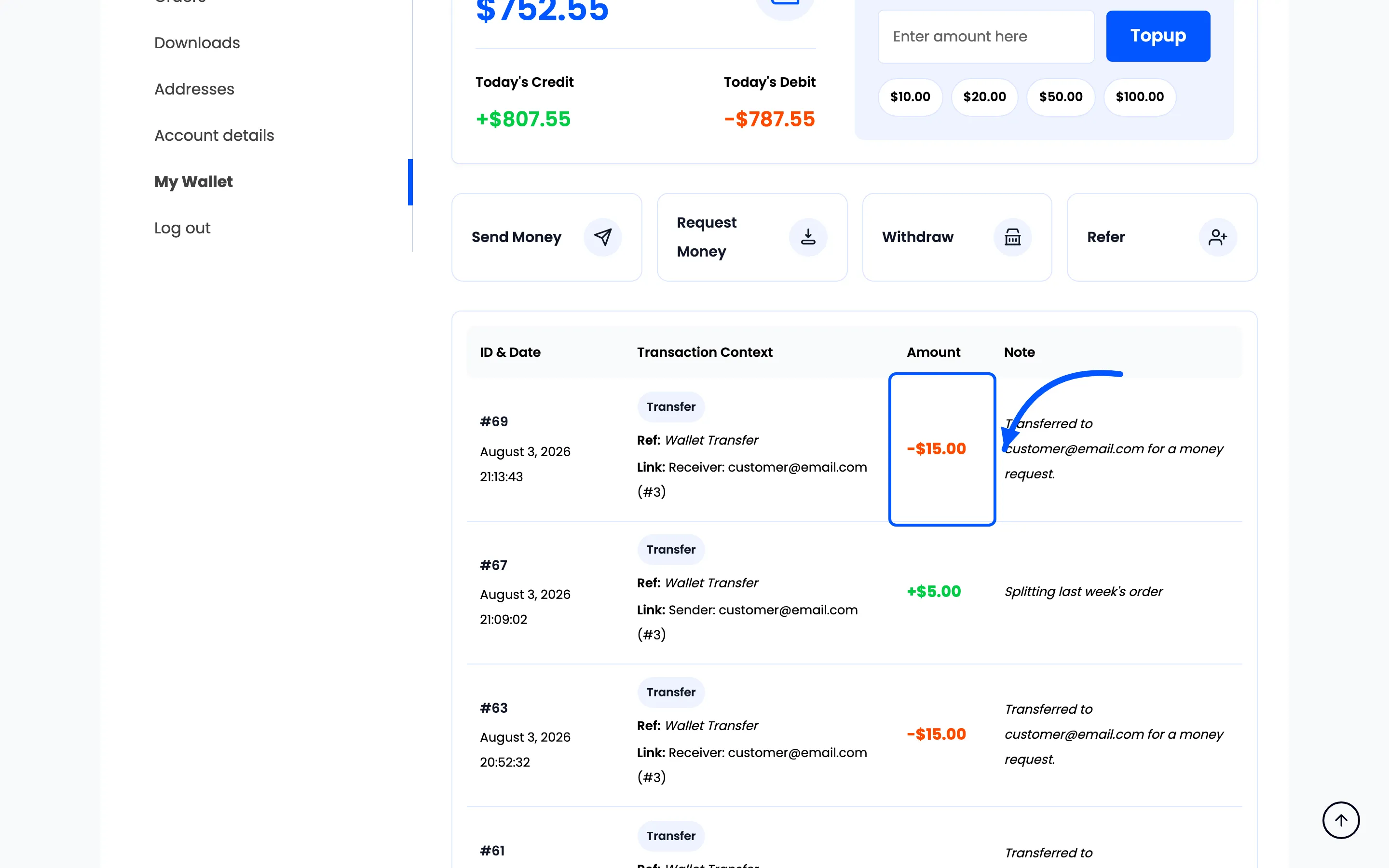 The amount column on the customer’s transaction history