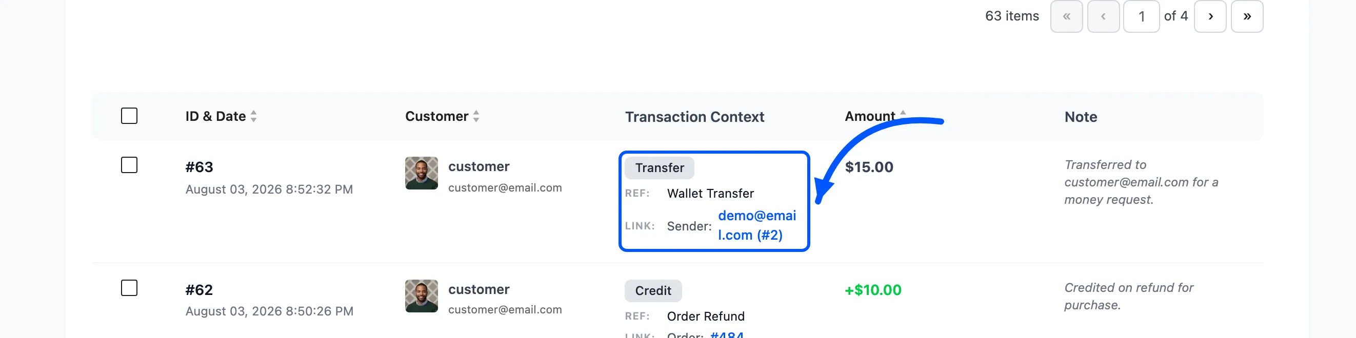The transaction context column showing type, reference and linked order