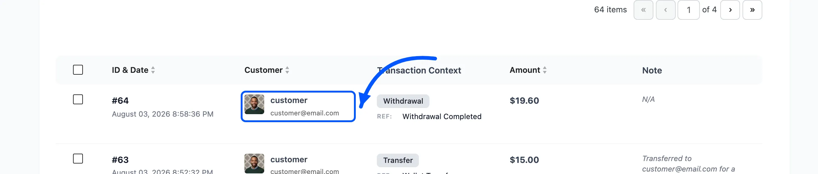 The customer column on the wallet users list