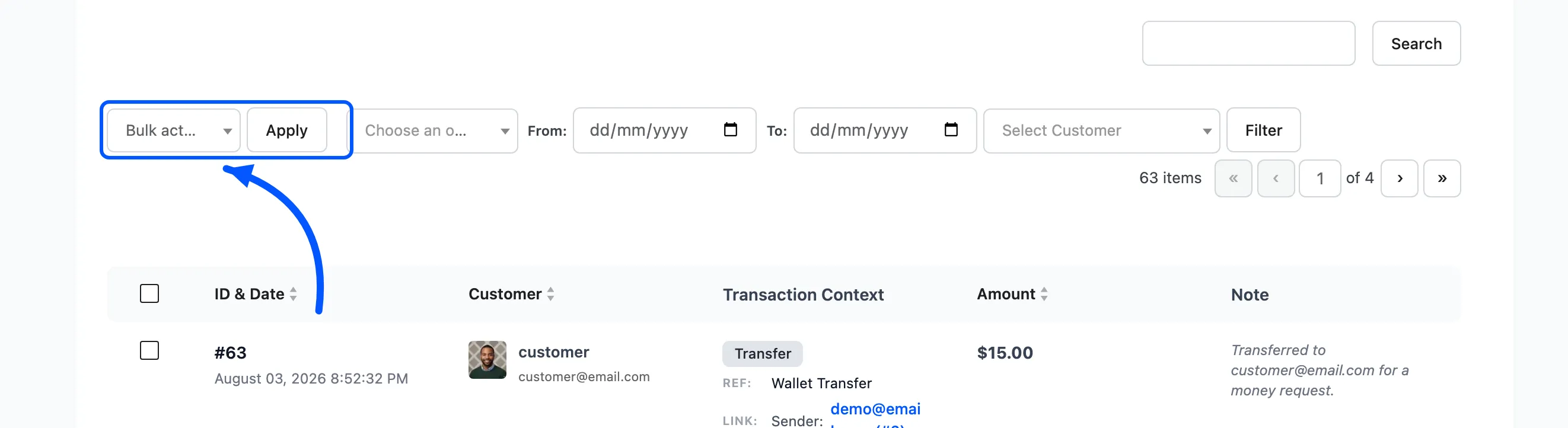 The filter bar above the transactions list