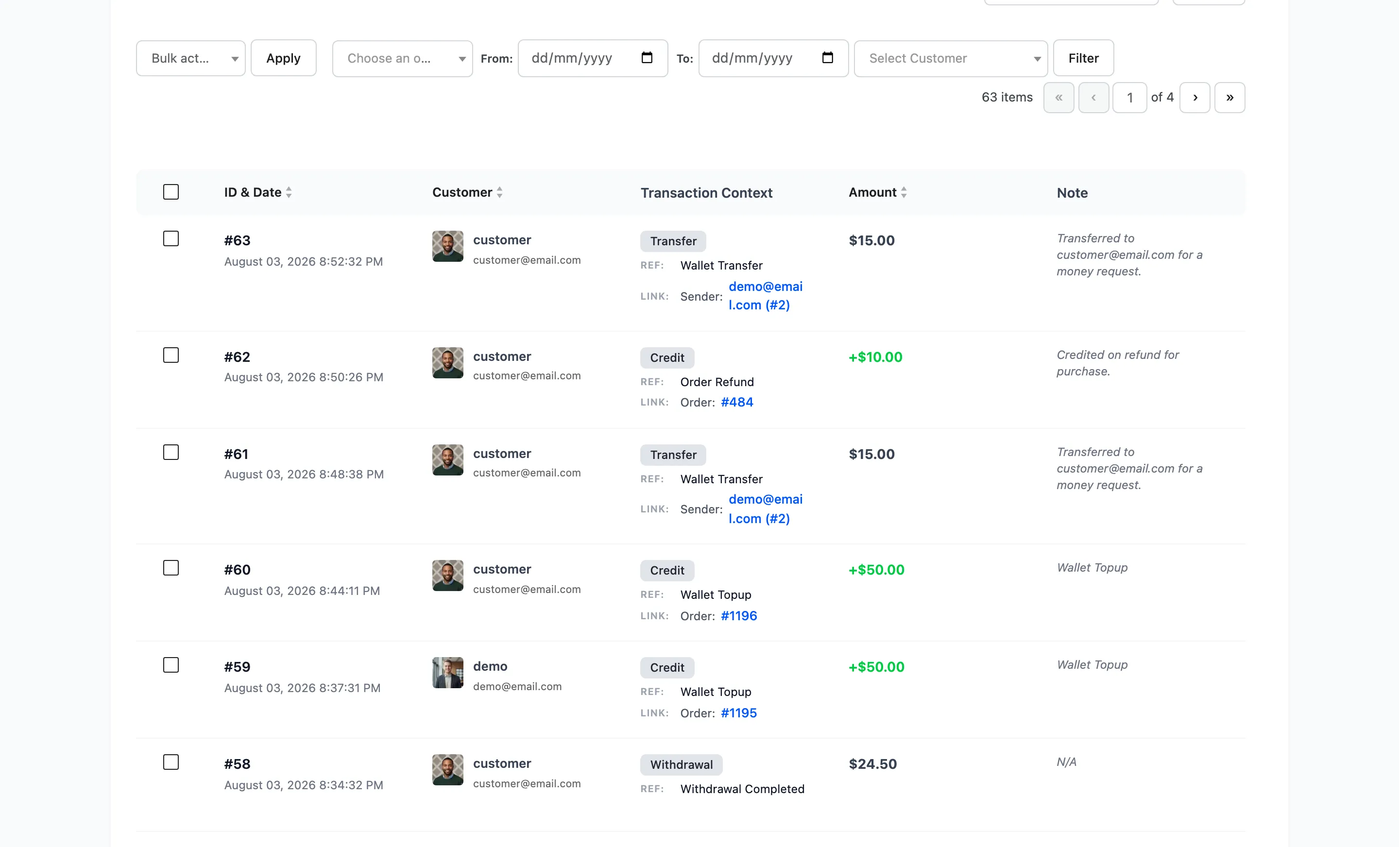 The wallet transactions list