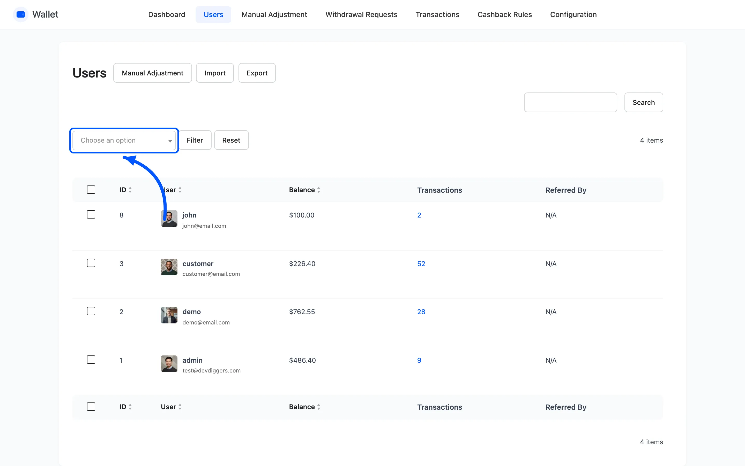 The balance filter above the users list