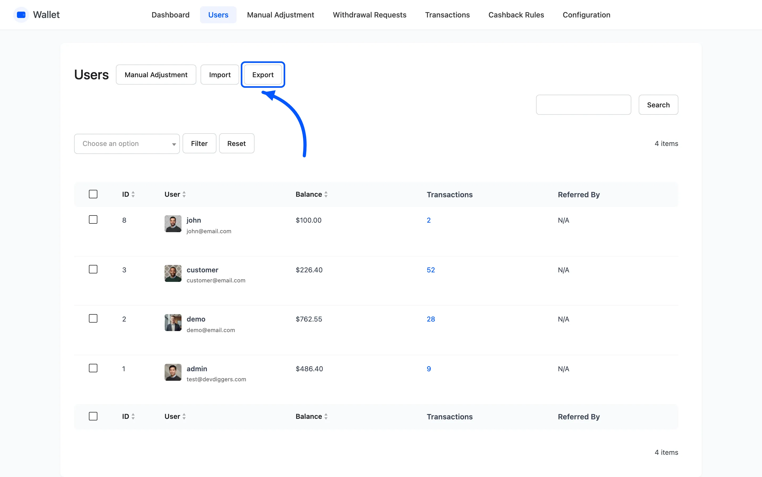 The Export button above the users list