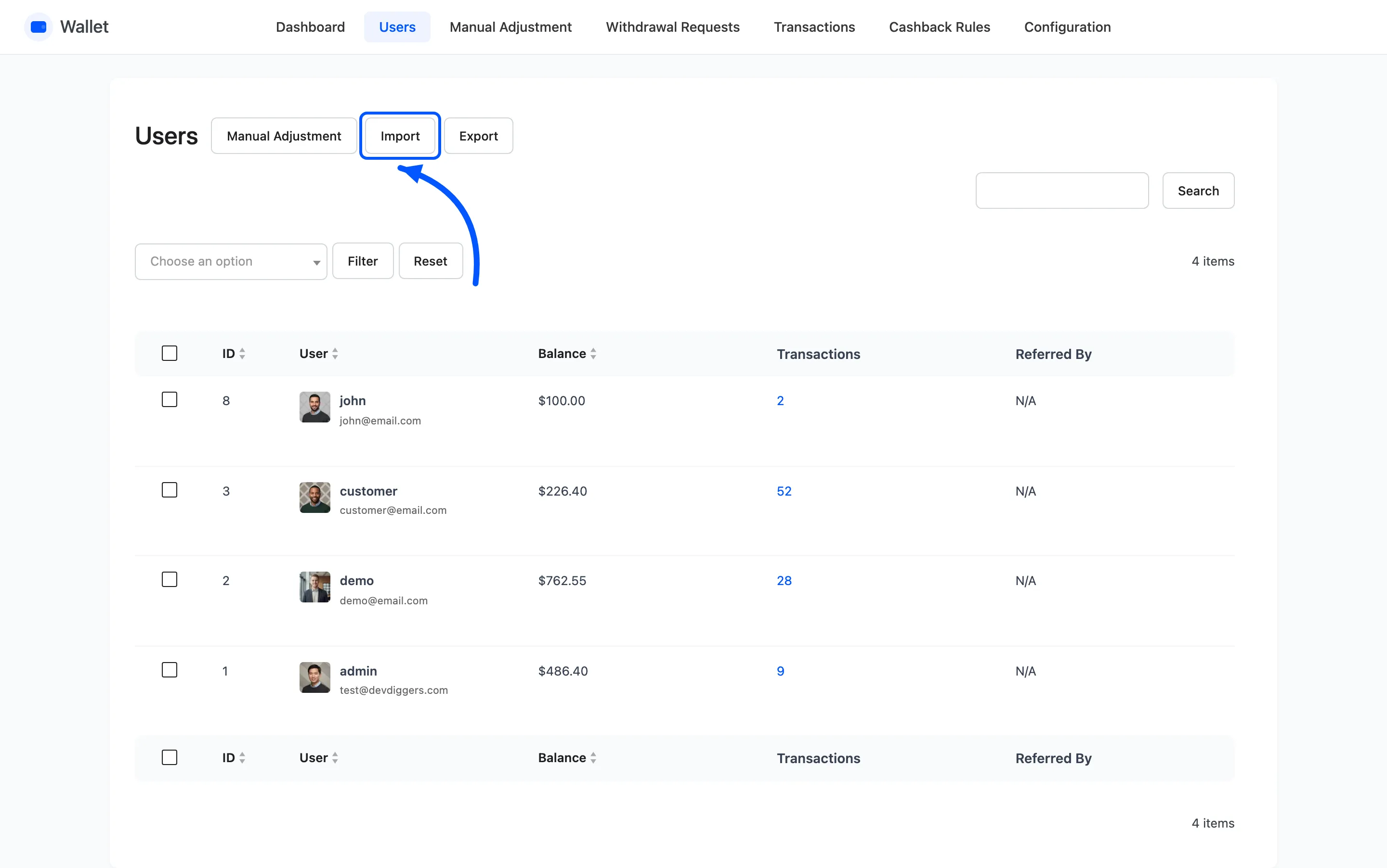 The Import button above the users list