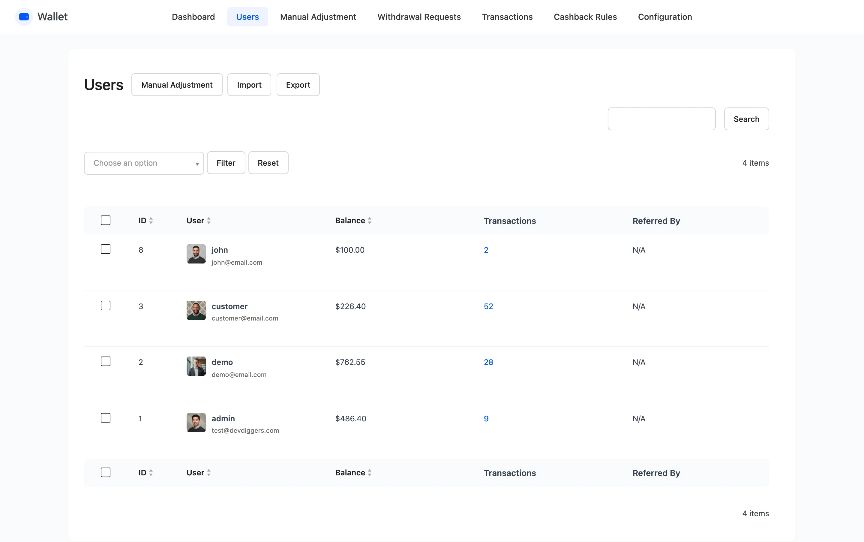 The wallet users list with ID, user, balance, transactions and referred-by columns