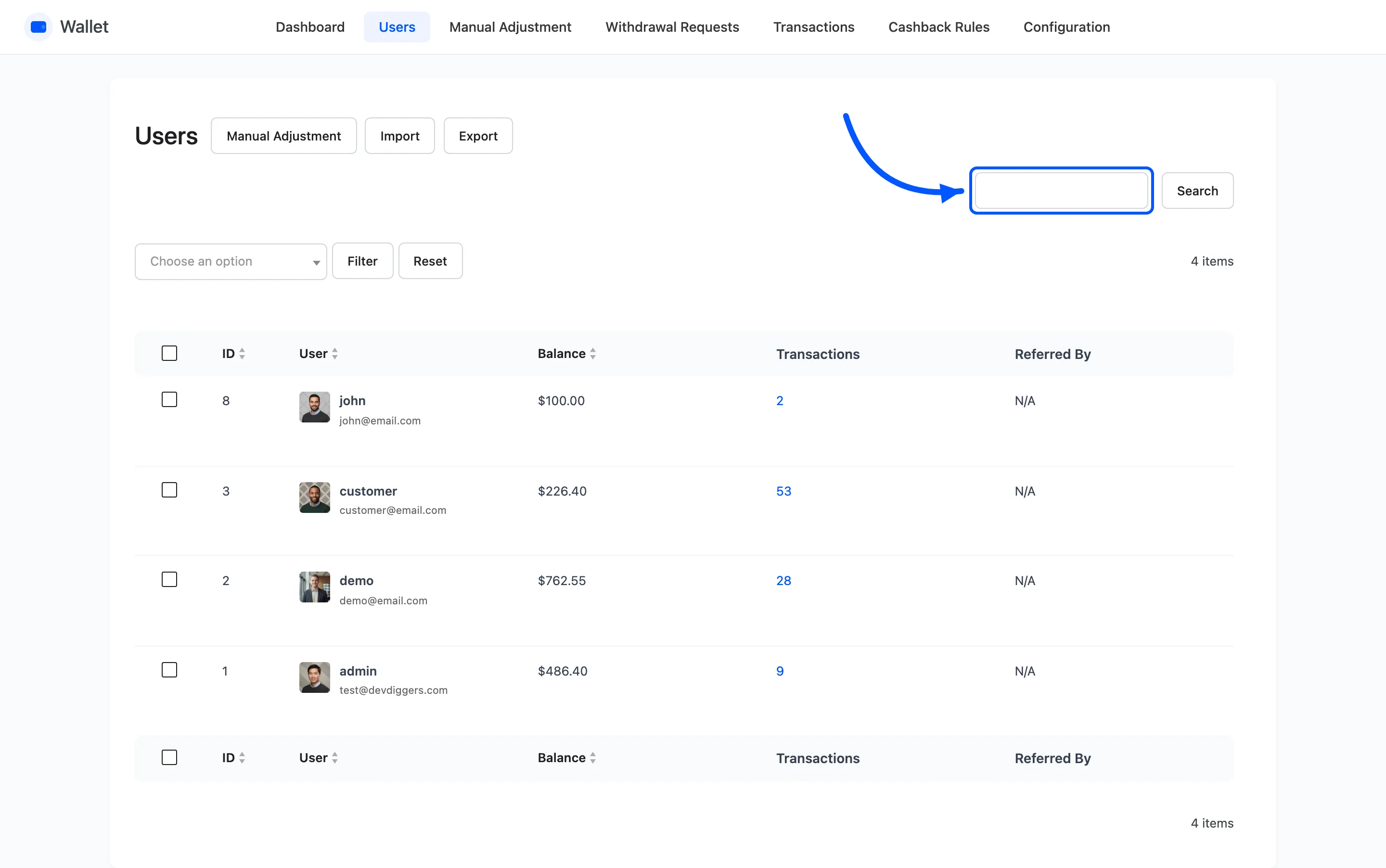 The search box above the users list