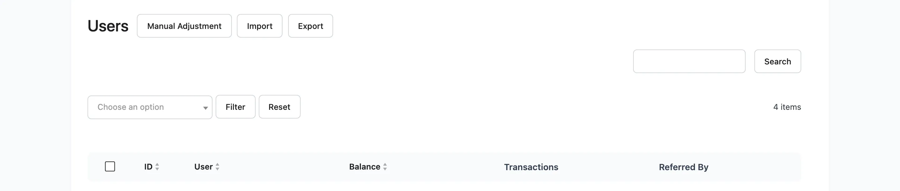 The Import and Export buttons above the users list