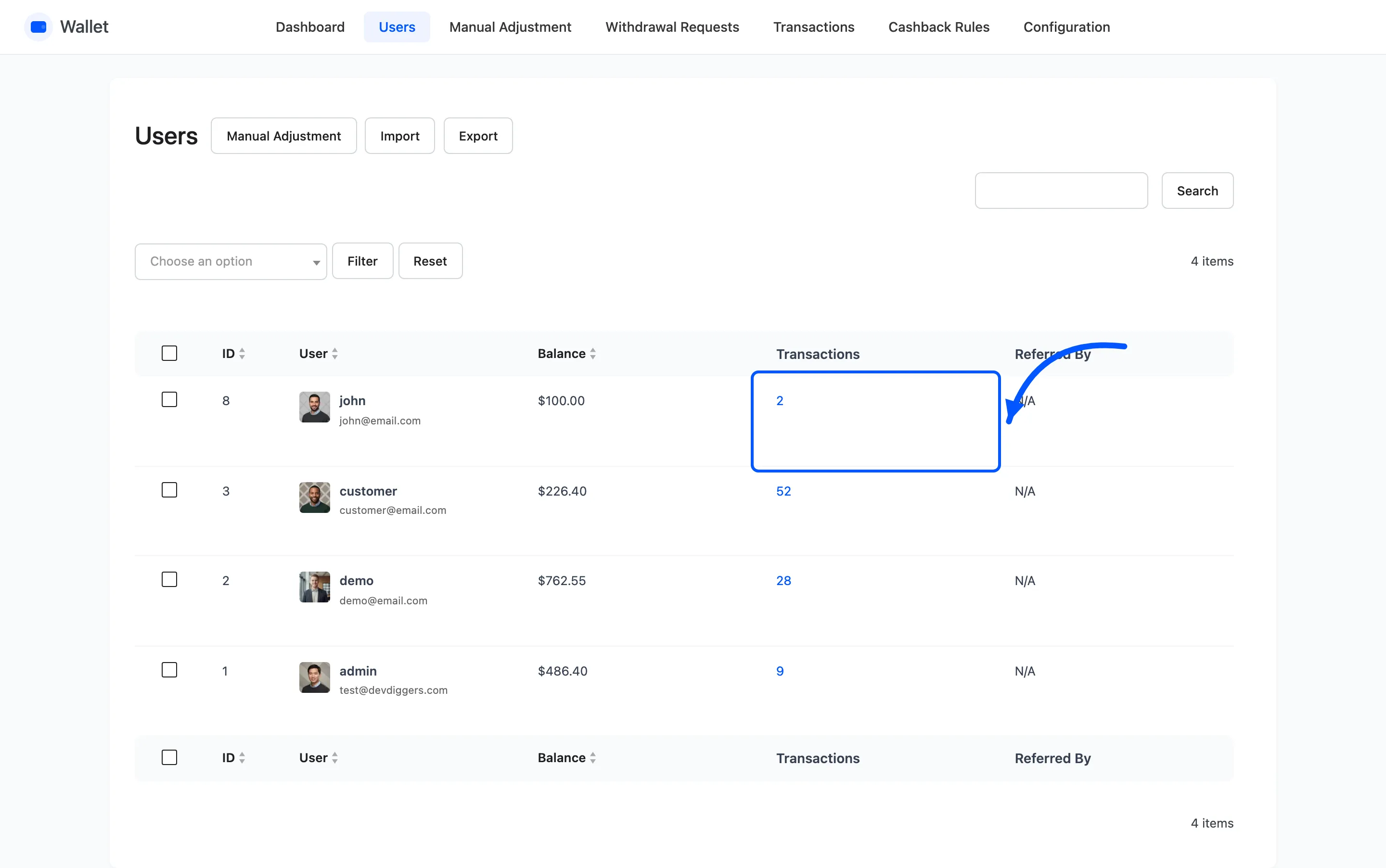 The transactions count column on the users list