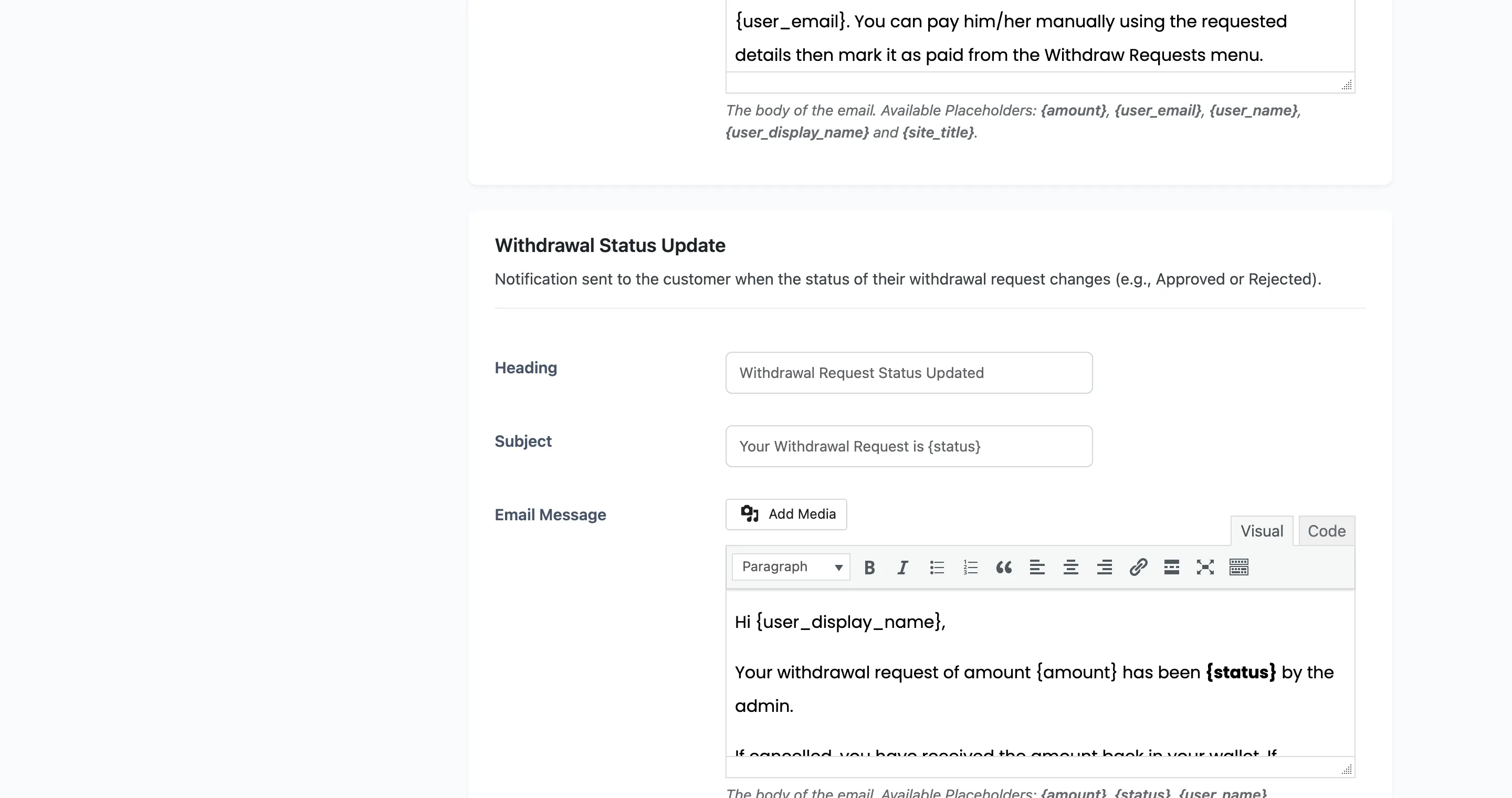 The withdrawal notification fields