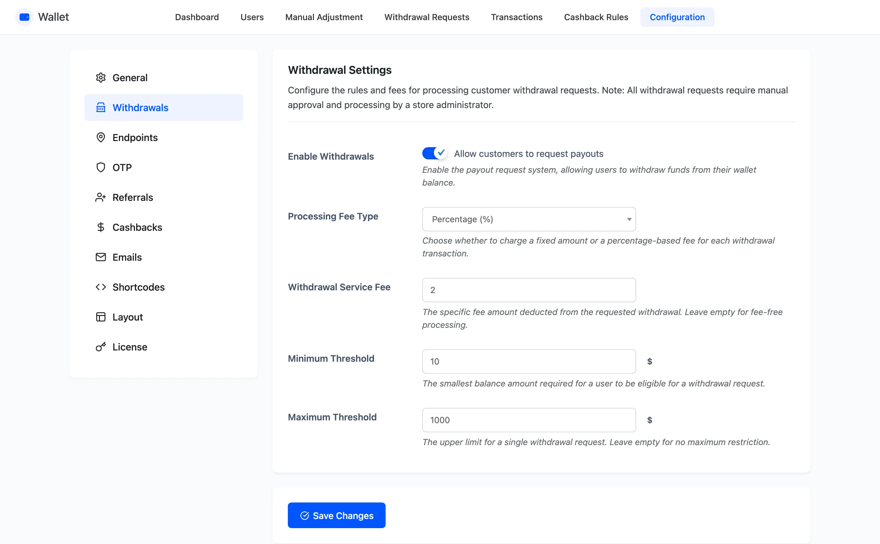 The Withdrawal Settings tab with the enable switch, fee fields and thresholds