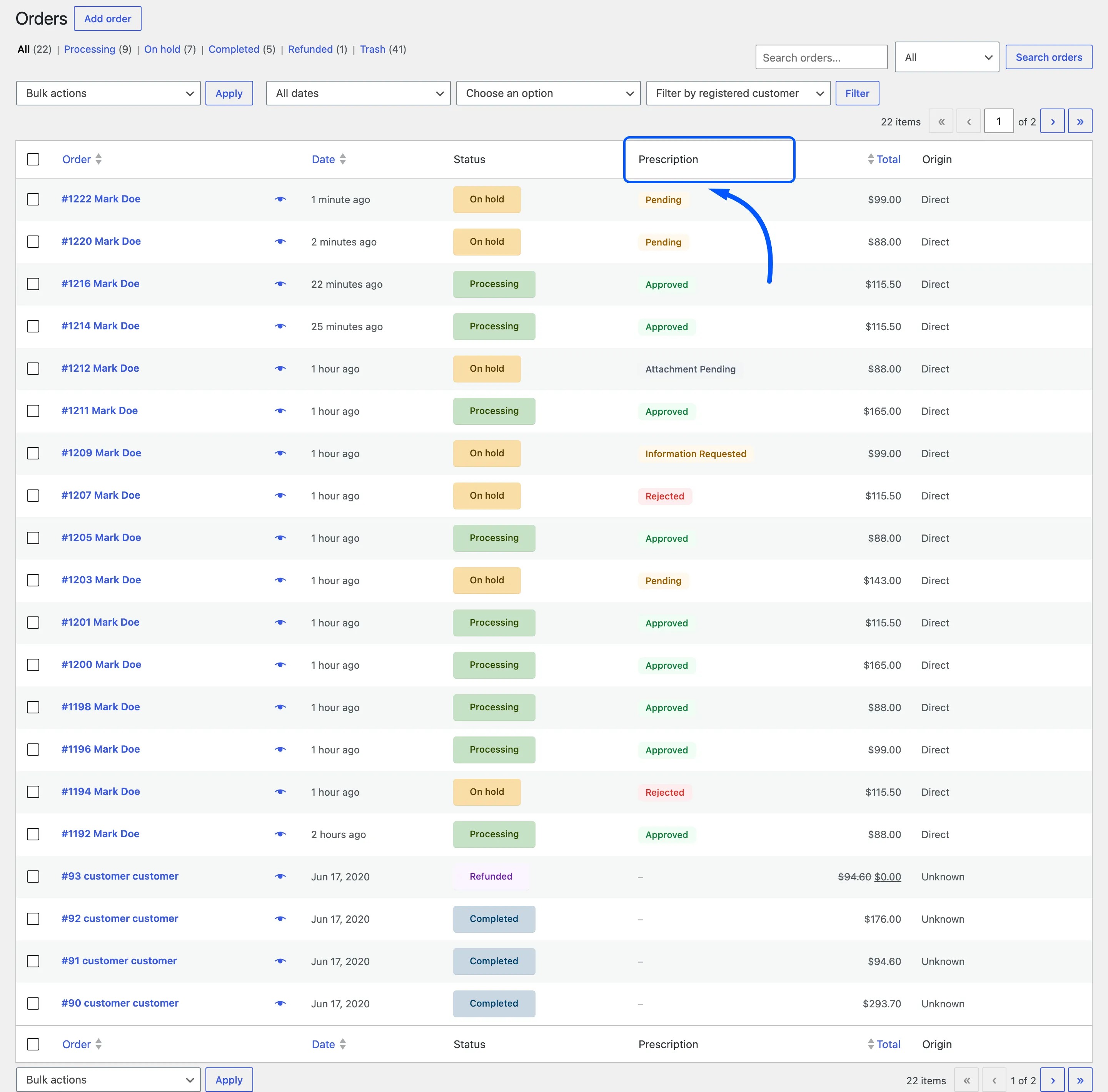 The WooCommerce Orders screen with the Prescription column