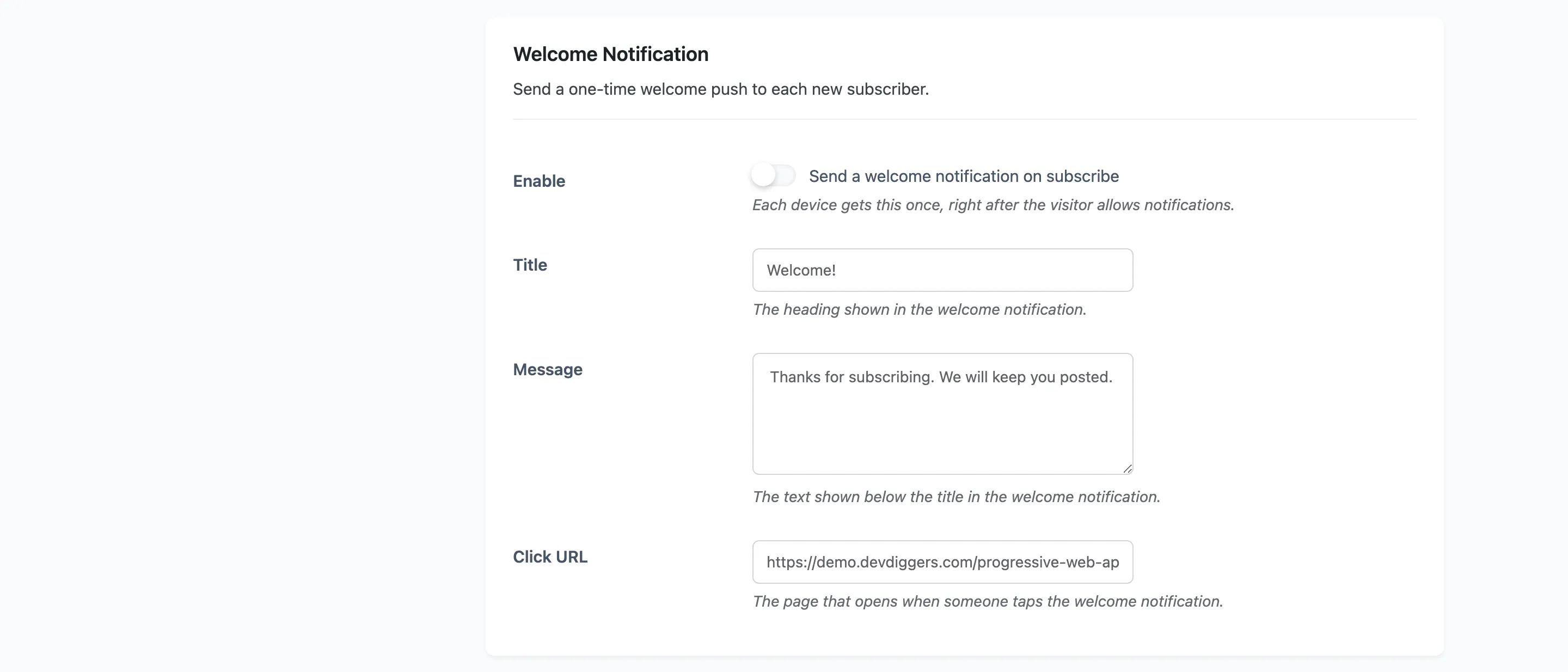The Welcome Notification section