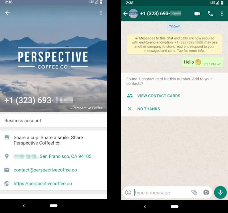 A business profile in WhatsApp beside a chat with that business
