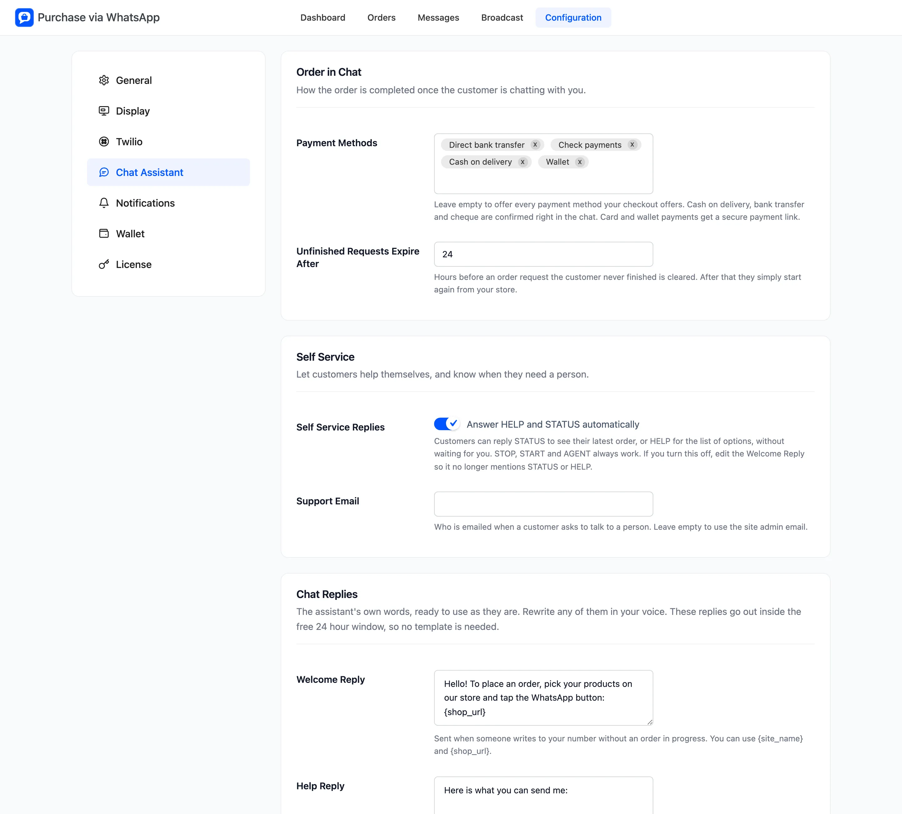 The Chat Assistant tab with Order in Chat and Self Service