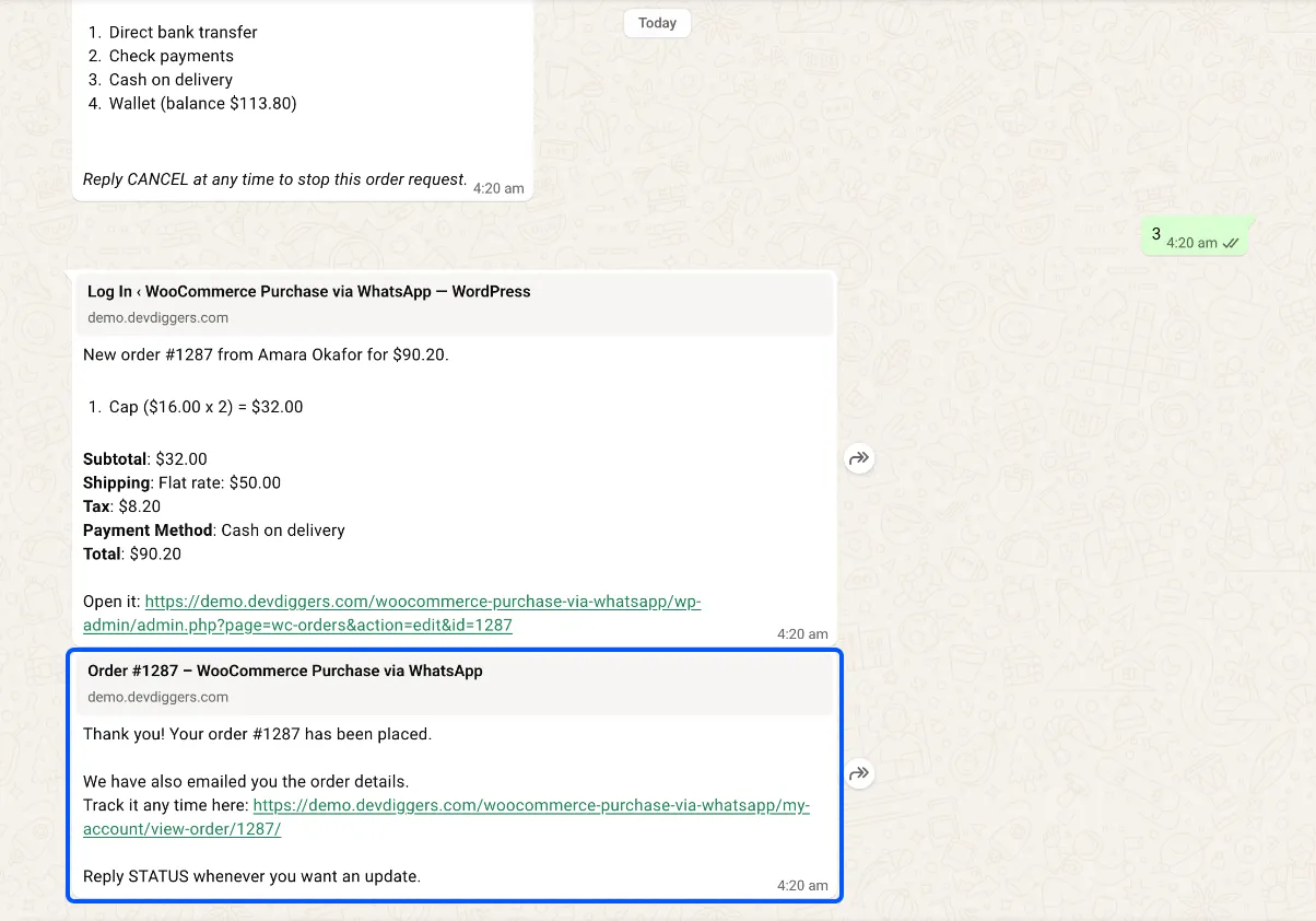 The customer’s chat with the order confirmation and tracking link
