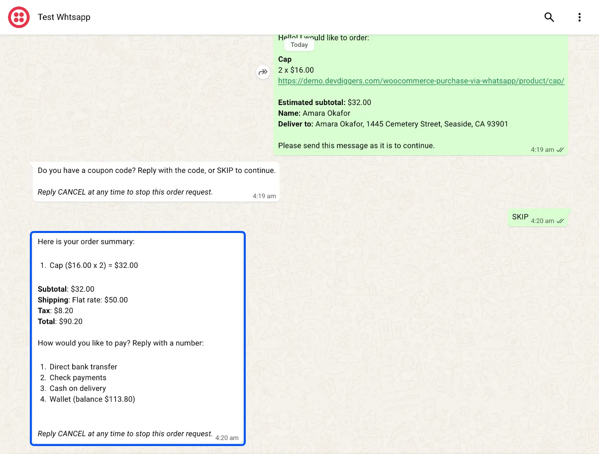 The customer’s chat with the order summary and payment choices