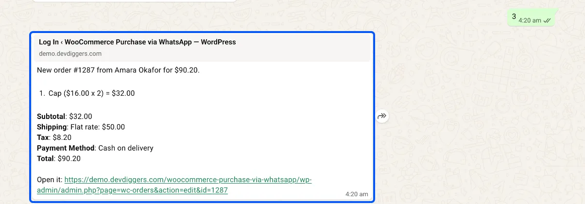 The new order alert in WhatsApp with the order summary and an Open it link