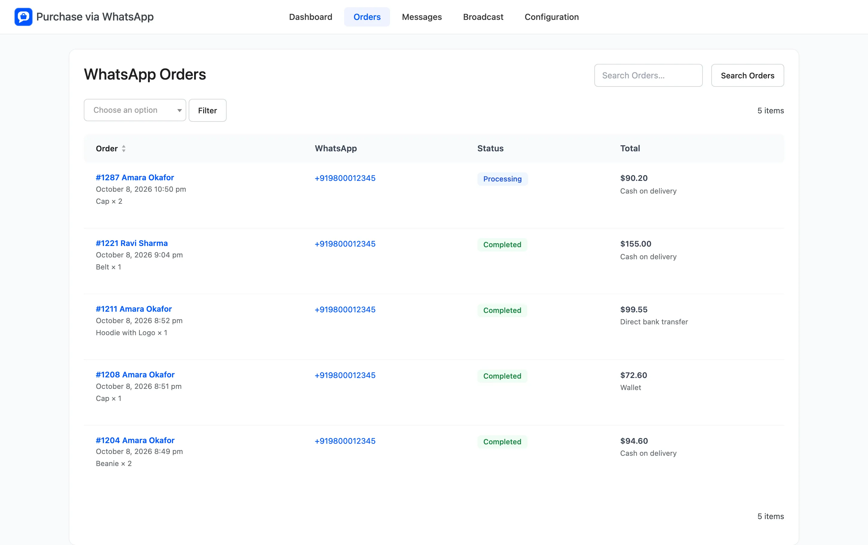 The WhatsApp Orders screen listing orders placed through the chat