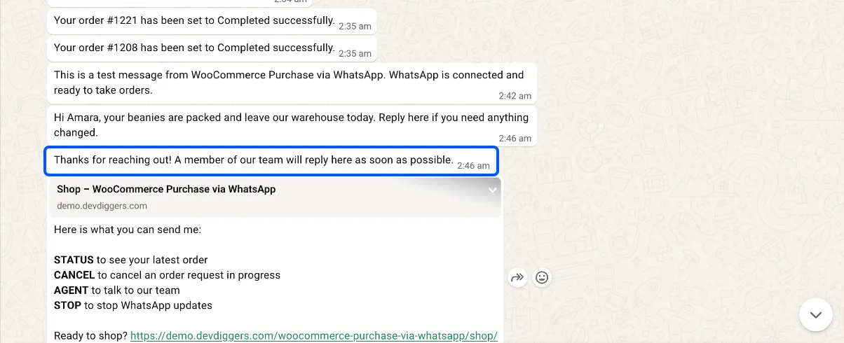 The AGENT reply promising that a team member will answer
