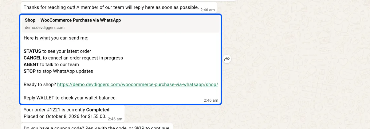 The HELP reply listing STATUS, CANCEL, AGENT and STOP, with the shop link