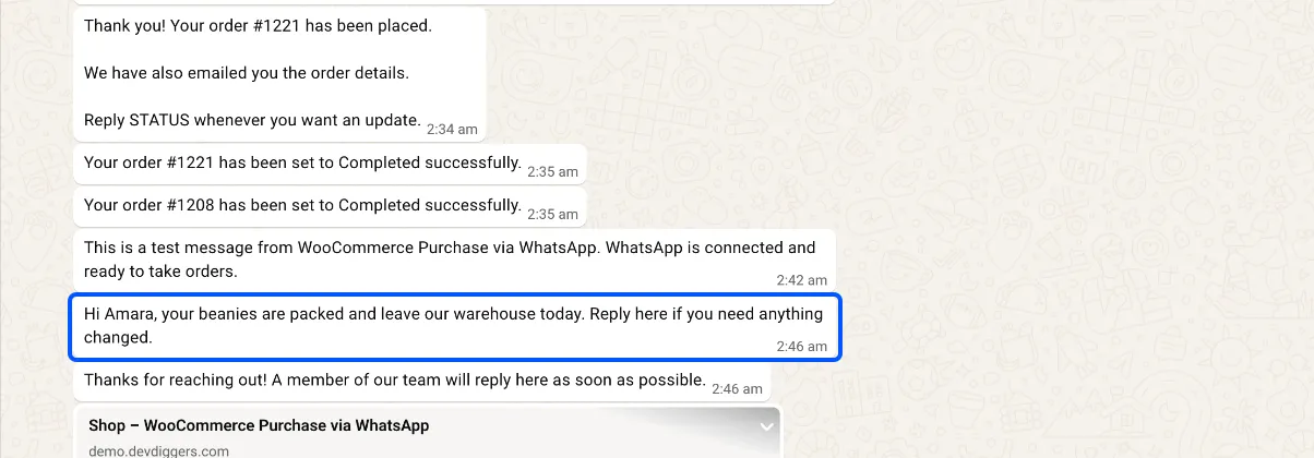 The message typed in the order’s WhatsApp box, as the customer receives it
