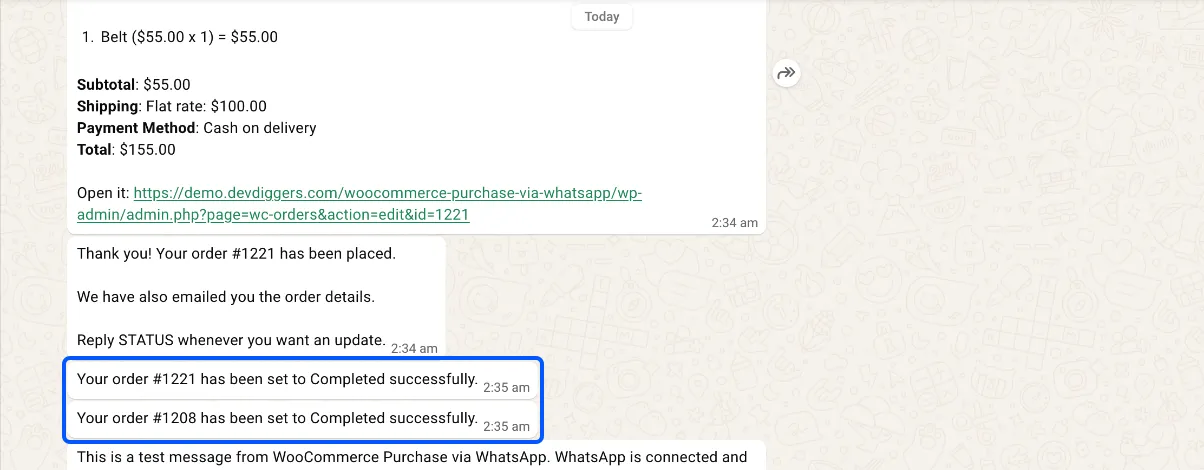 The order confirmation and Completed updates in the customer’s WhatsApp