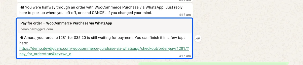 The payment reminder with a link to WooCommerce’s pay page