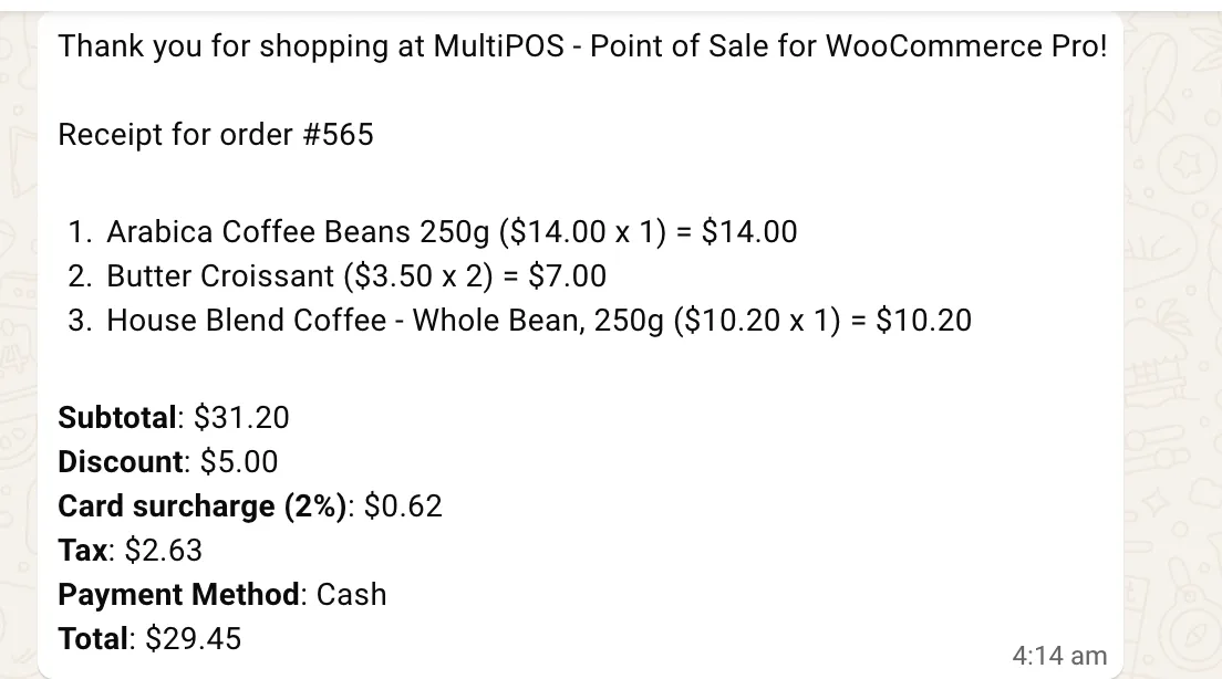 The receipt in the customer’s WhatsApp, listing three products, the subtotal, discount, card surcharge, tax, payment method and total
