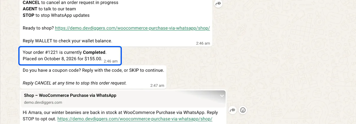 The STATUS reply giving the latest order’s status, date and total