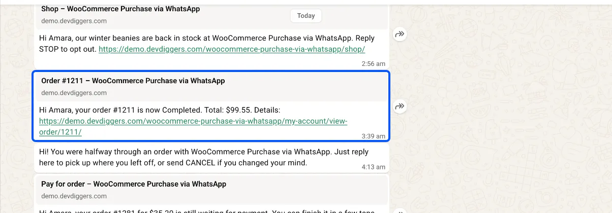 The template update as the customer receives it, with the order link shown as a preview