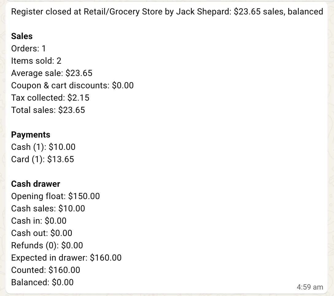 The Z-report as it arrives in the owner’s WhatsApp, with the sales, payments and cash drawer lines, balanced to the cent