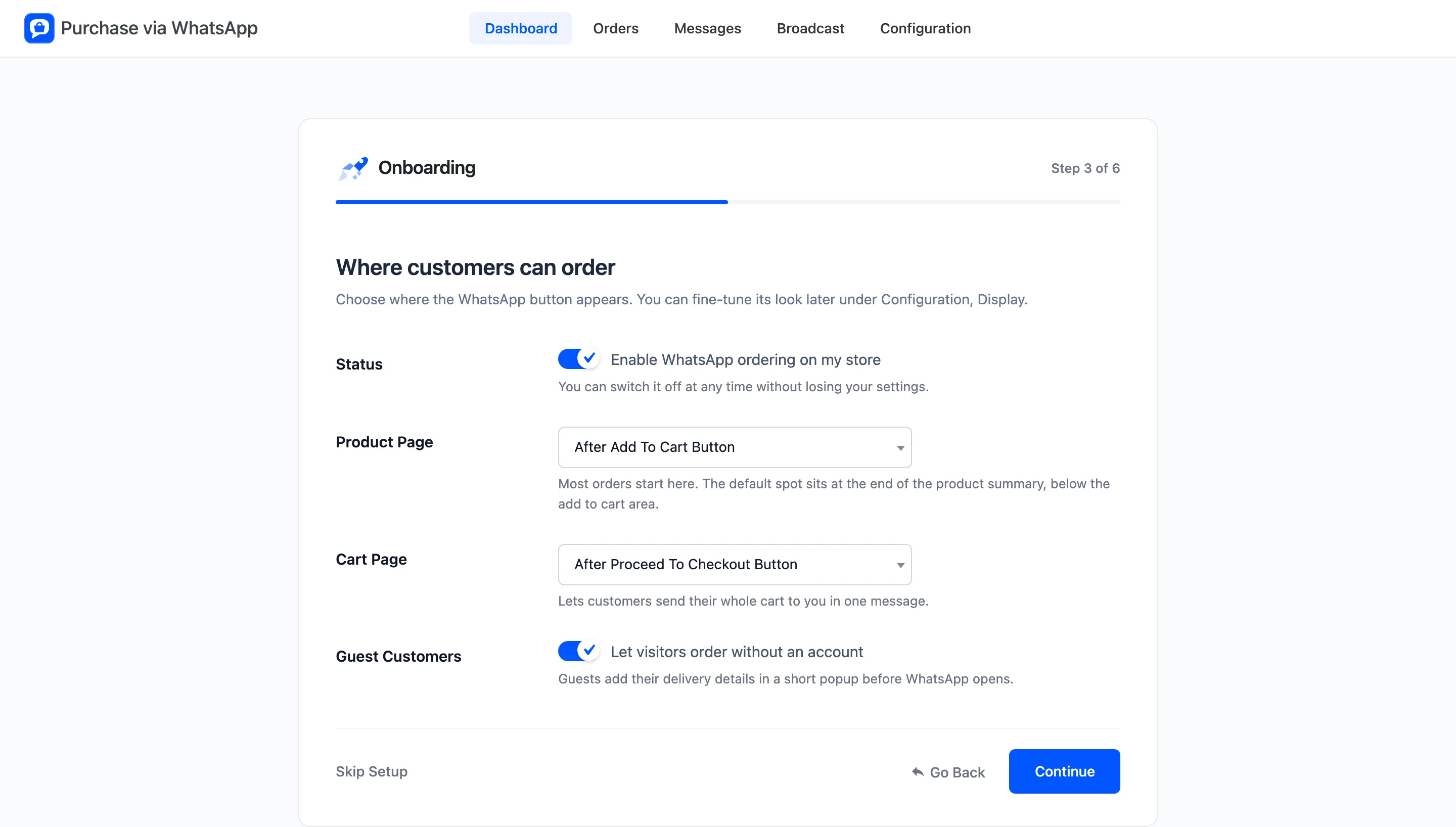 The Display step with Status, Product Page, Cart Page and Guest Customers